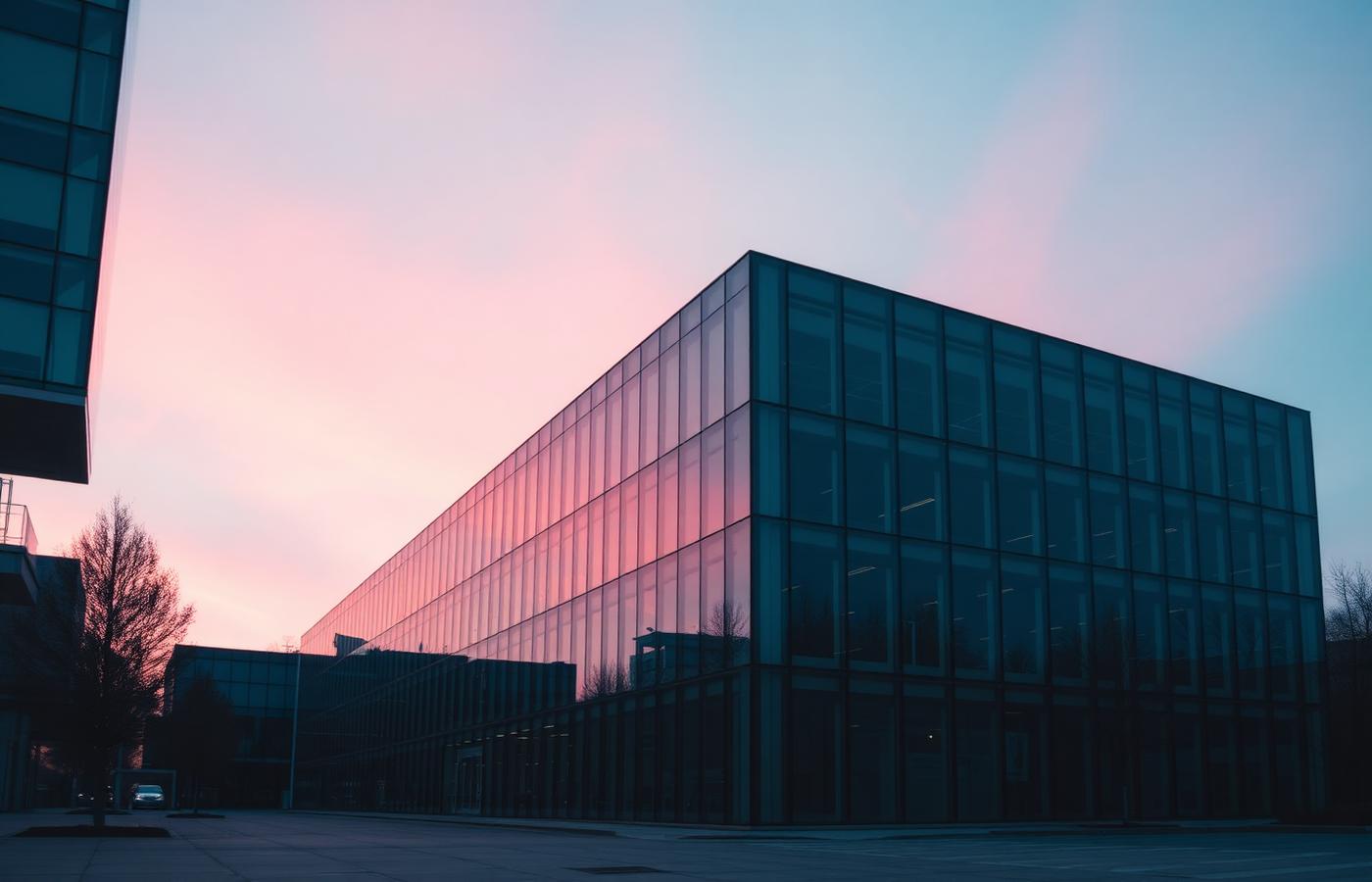 Modern office building at dusk